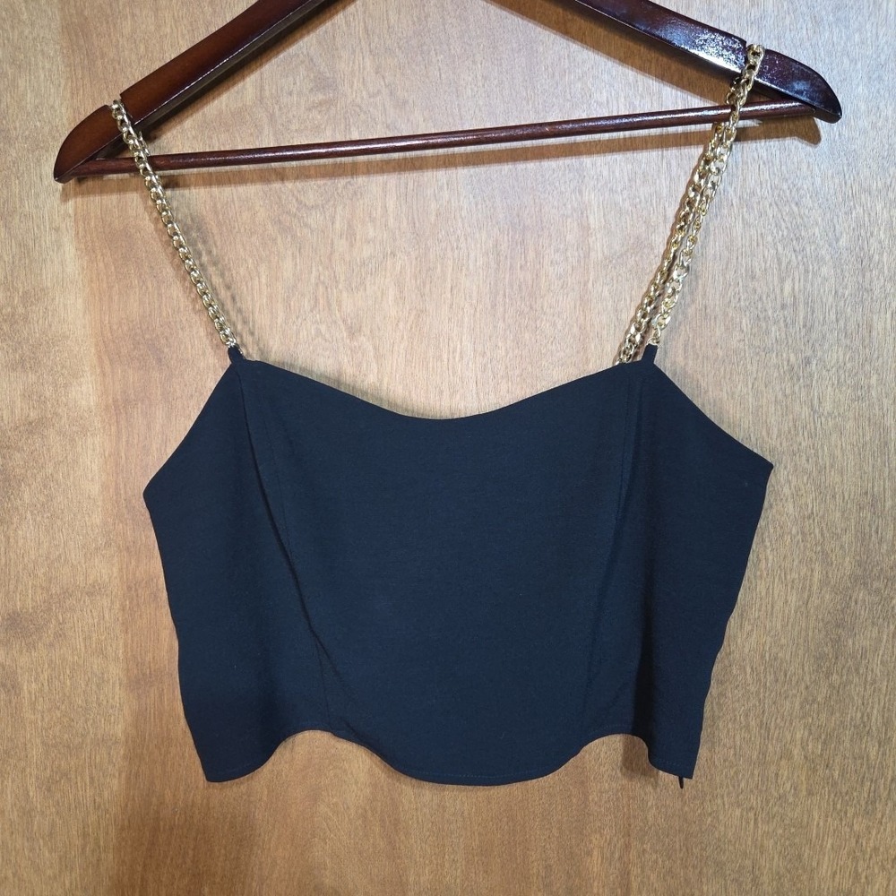 Black Crop Top Gold Chain Straps Bustier Cami Tank Women Small Night Out Party‎